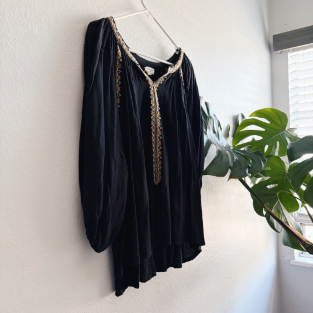 World Market Black Boho Blouse with White and Yellow Embroidery - Picture 7 of 9